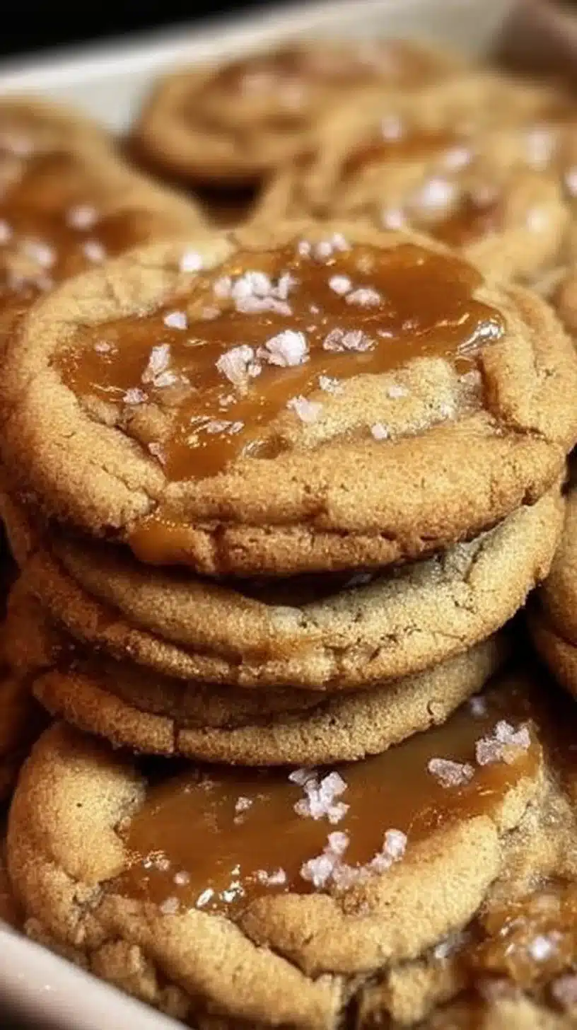 Salted Caramel Cookie Recipe 1 Homemade salted caramel cookies fresh from the oven on a cooling rack