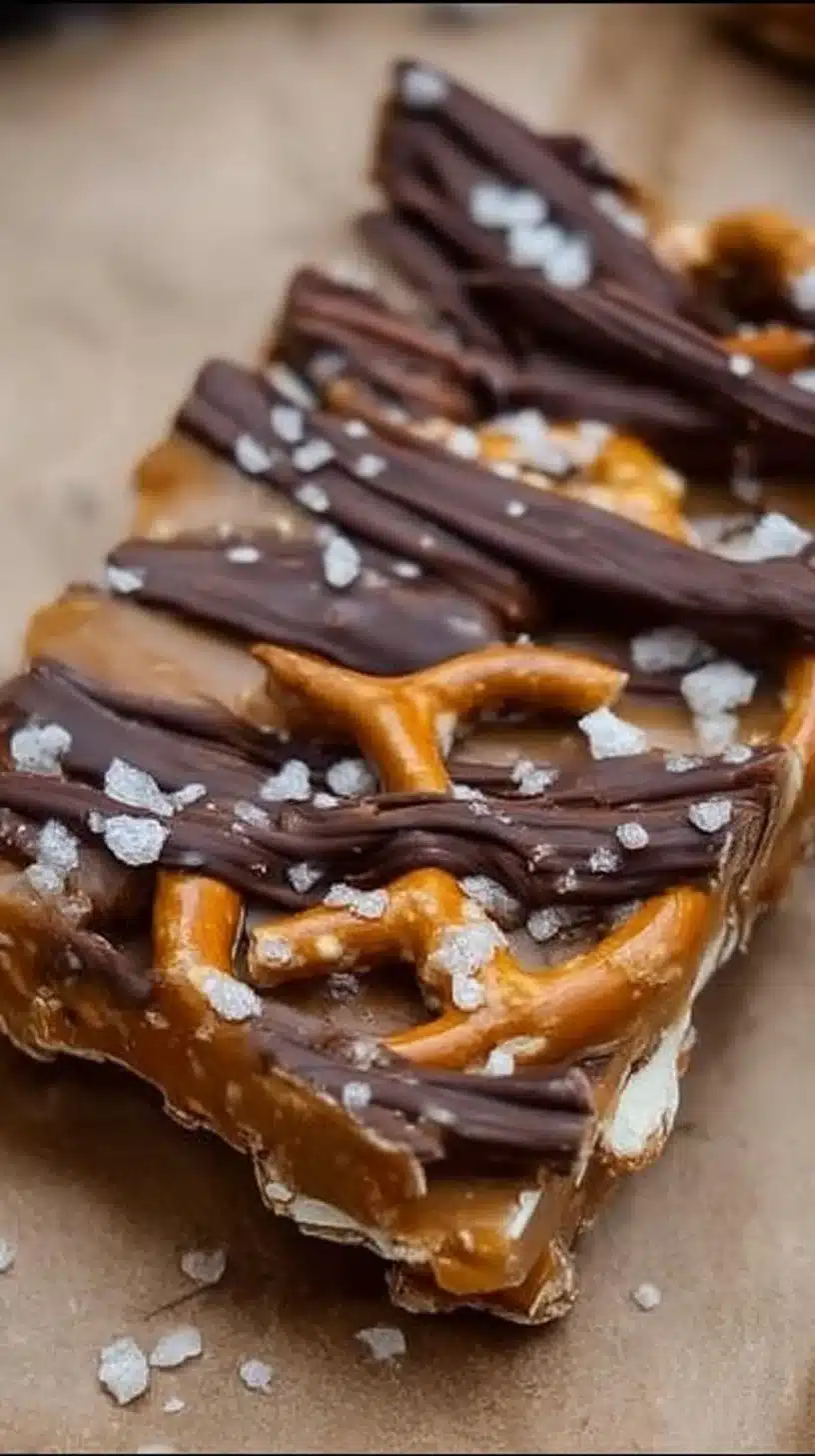 Salted caramel pretzel bark 1 Delicious salted caramel pretzel bark with chocolate and sea salt.