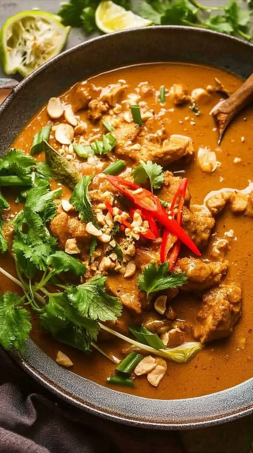 Satay Chicken Curry (Malaysian) 1 Delicious satay chicken curry served in a bowl with fresh herbs