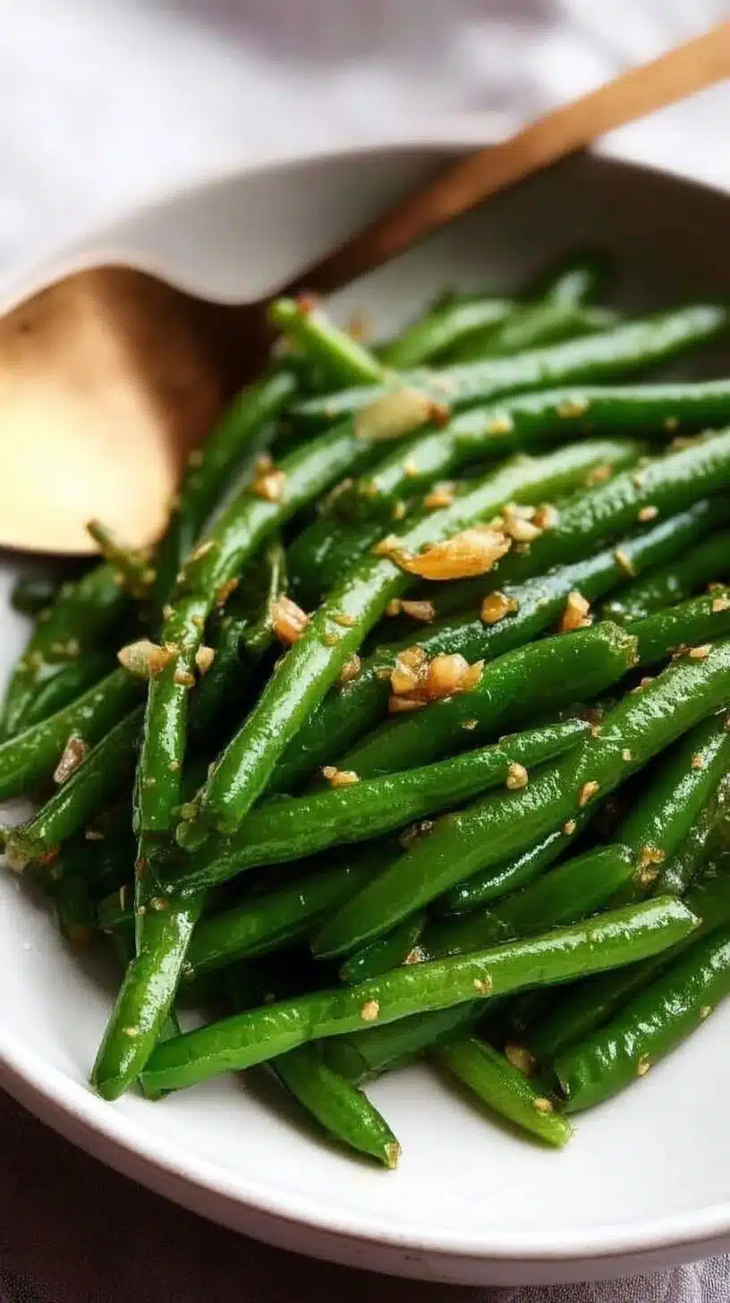 Sautéed Green Beans with Garlic 1 Plate of sautéed green beans with garlic, garnished and ready to serve.