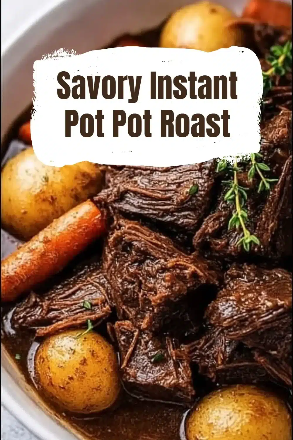 Savory Instant Pot Pot Roast 1 Savory Instant Pot Pot Roast served with vegetables in a rustic setting.