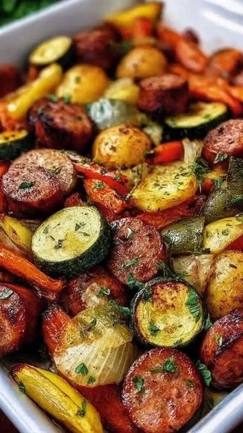Sheet Pan Sausage & Veggies 1 Sheet pan with sausage and colorful veggies ready to be served.
