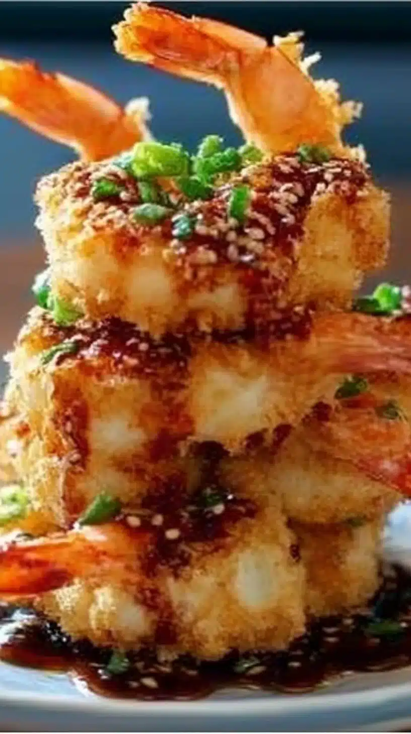Shrimp Tempura Sushi Stack Recipe 1 Plate of Shrimp Tempura Sushi Stack beautifully arranged with garnishes