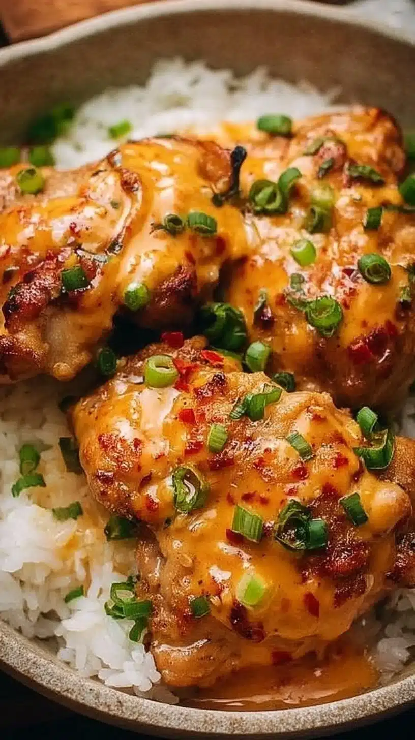 Skillet Bang Bang Chicken Thighs 1 Skillet Bang Bang Chicken Thighs served on a plate with fresh herbs and a spicy sauce