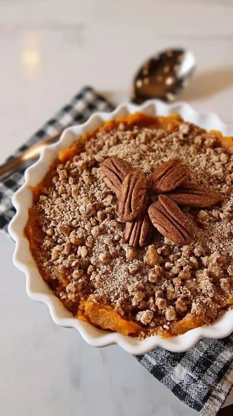 Slow Cooker Sweet Potato Casserole 1 Slow cooker sweet potato casserole topped with marshmallows and pecans