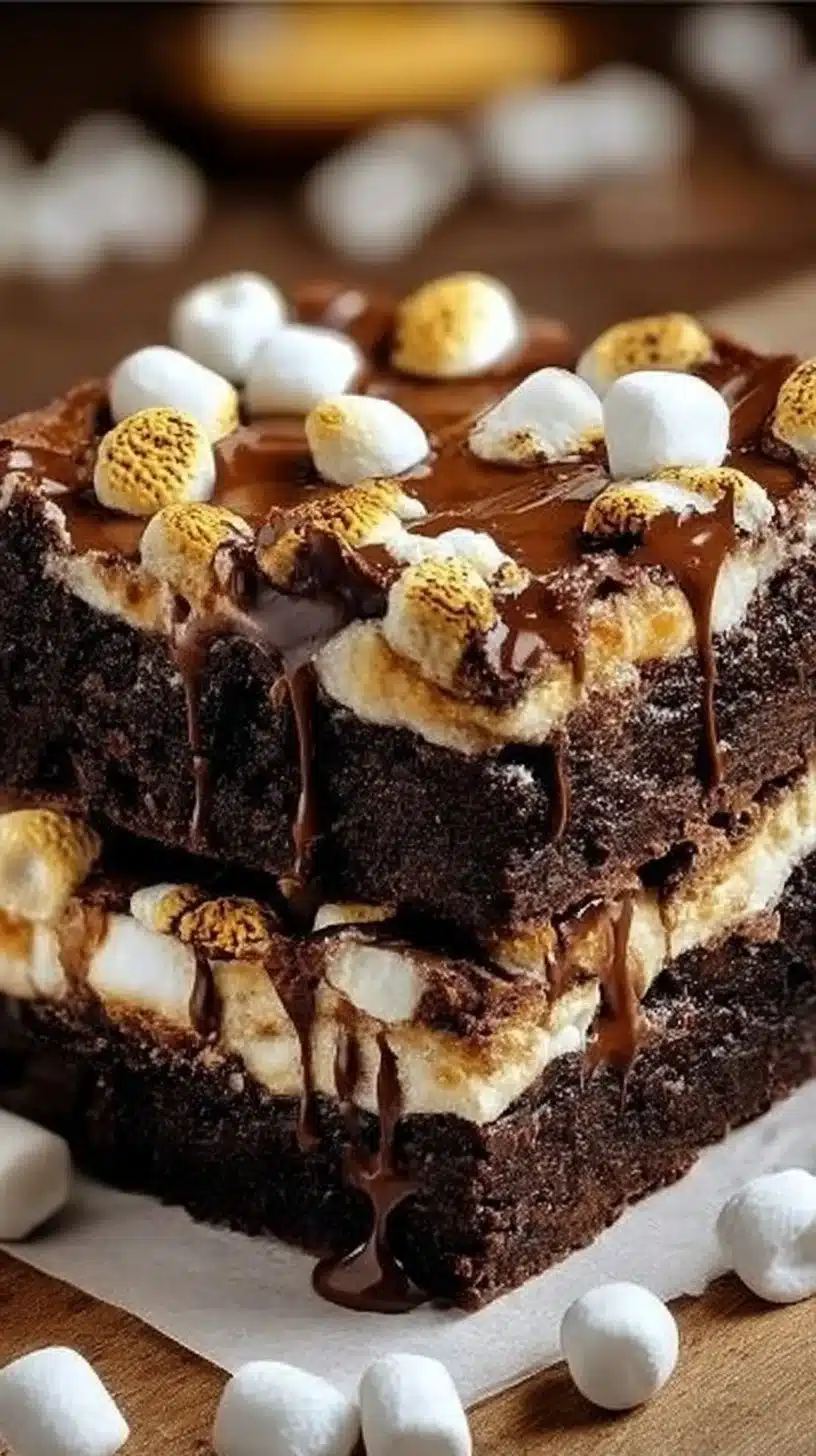 Deliciously decadent S'mores Brownies topped with marshmallows and graham crackers