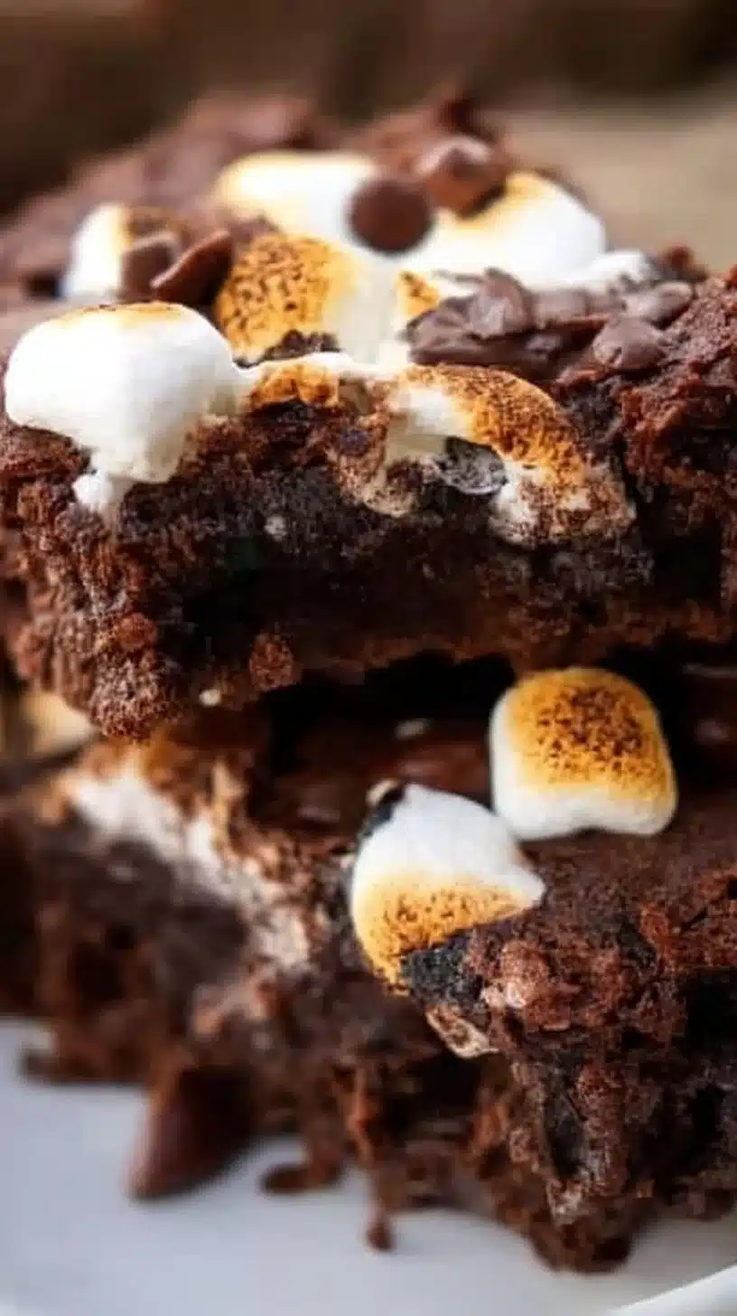 S'mores Brownies (Easy Camping Dessert) 1 Delicious S'mores Brownies topped with marshmallows and chocolate on a plate