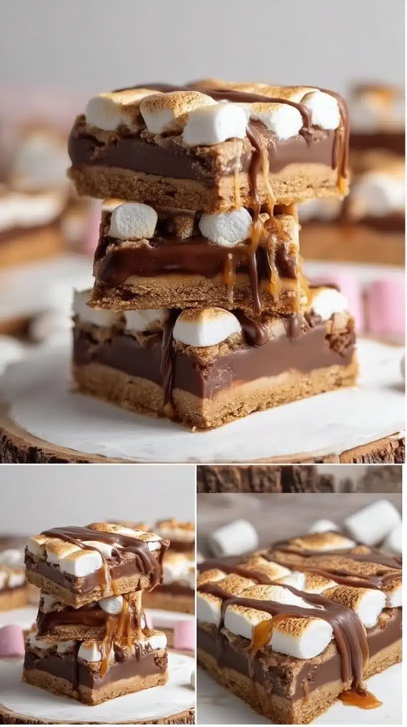 Delicious S'mores Cookie Bars topped with chocolate and marshmallows