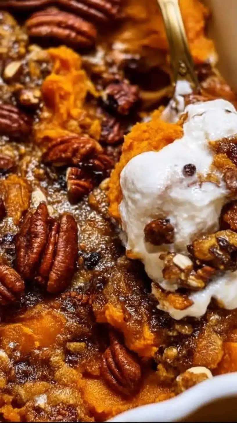 Southern Maple Sweet Potato Casserole 1 Southern Maple Sweet Potato Casserole topped with walnuts and maple syrup.