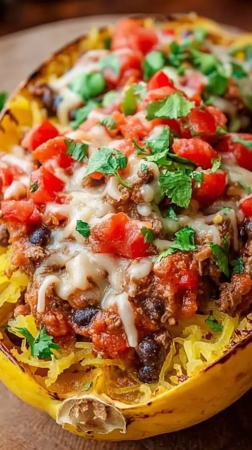 Spaghetti Squash Tacos 1 Healthy spaghetti squash tacos topped with fresh vegetables