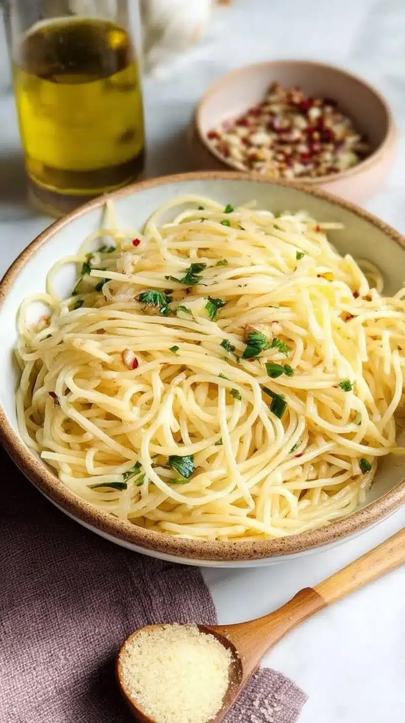 Spaghetti with Garlic and Oil 1 Plate of spaghetti with garlic and oil garnished with parsley