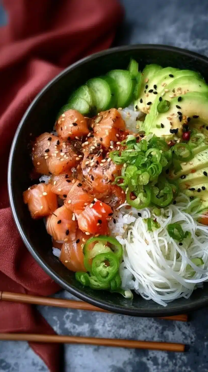 Spicy Salmon Roll Sushi Bowl 1 Spicy salmon roll sushi bowl with fresh ingredients and vibrant colors