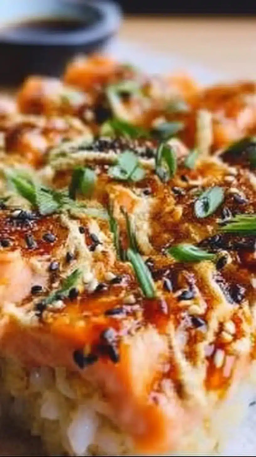 Spicy Salmon Sushi Bake 1 Delicious Spicy Salmon Sushi Bake topped with creamy sauce and herbs