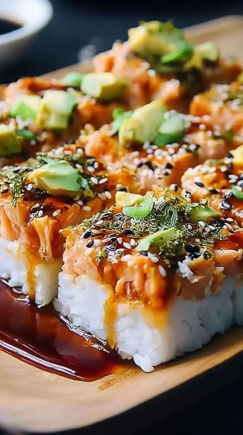 Spicy Salmon Sushi Bake Recipe – Creamy, Crispy, and Crowd-Pleasing 1 Delicious spicy salmon sushi bake topped with creamy sauce and crispy texture