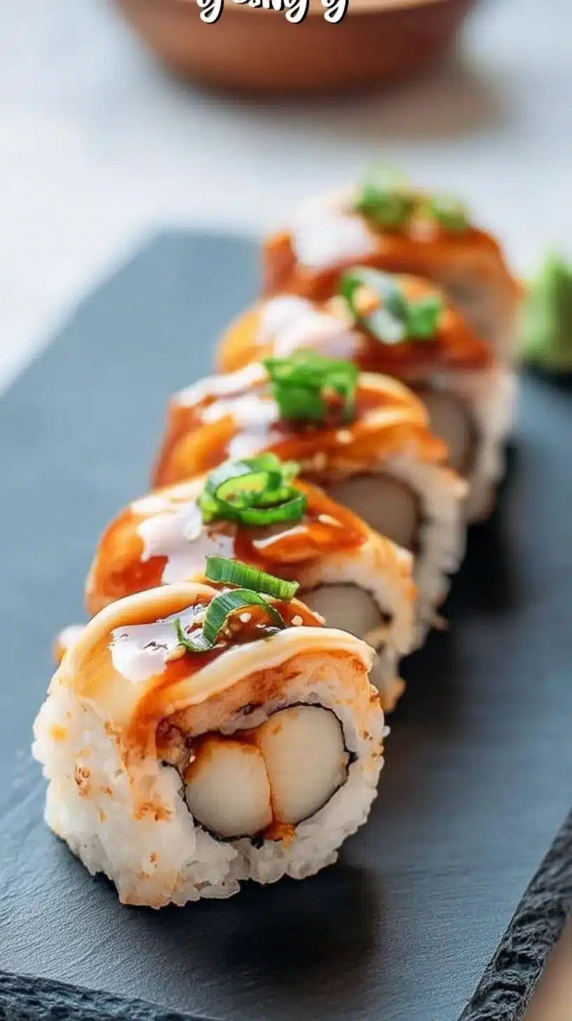 Spicy Scallops Sushi Roll: The Recipe (with Vegan Option) 1 Spicy scallops sushi roll with fresh ingredients on a wooden sushi board
