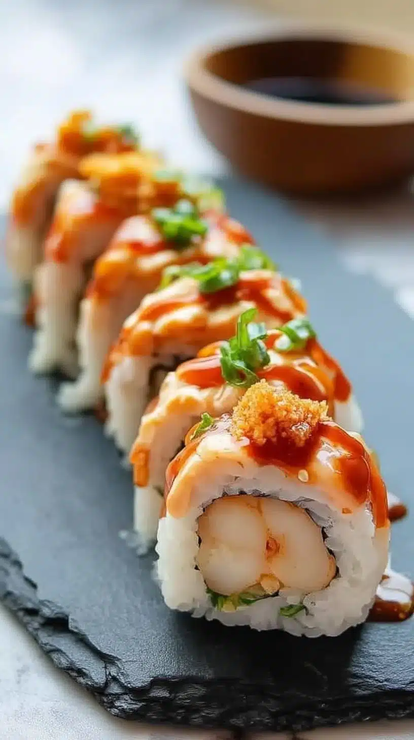 Delicious spicy scallops sushi roll, showcasing fresh ingredients and vibrant colors.