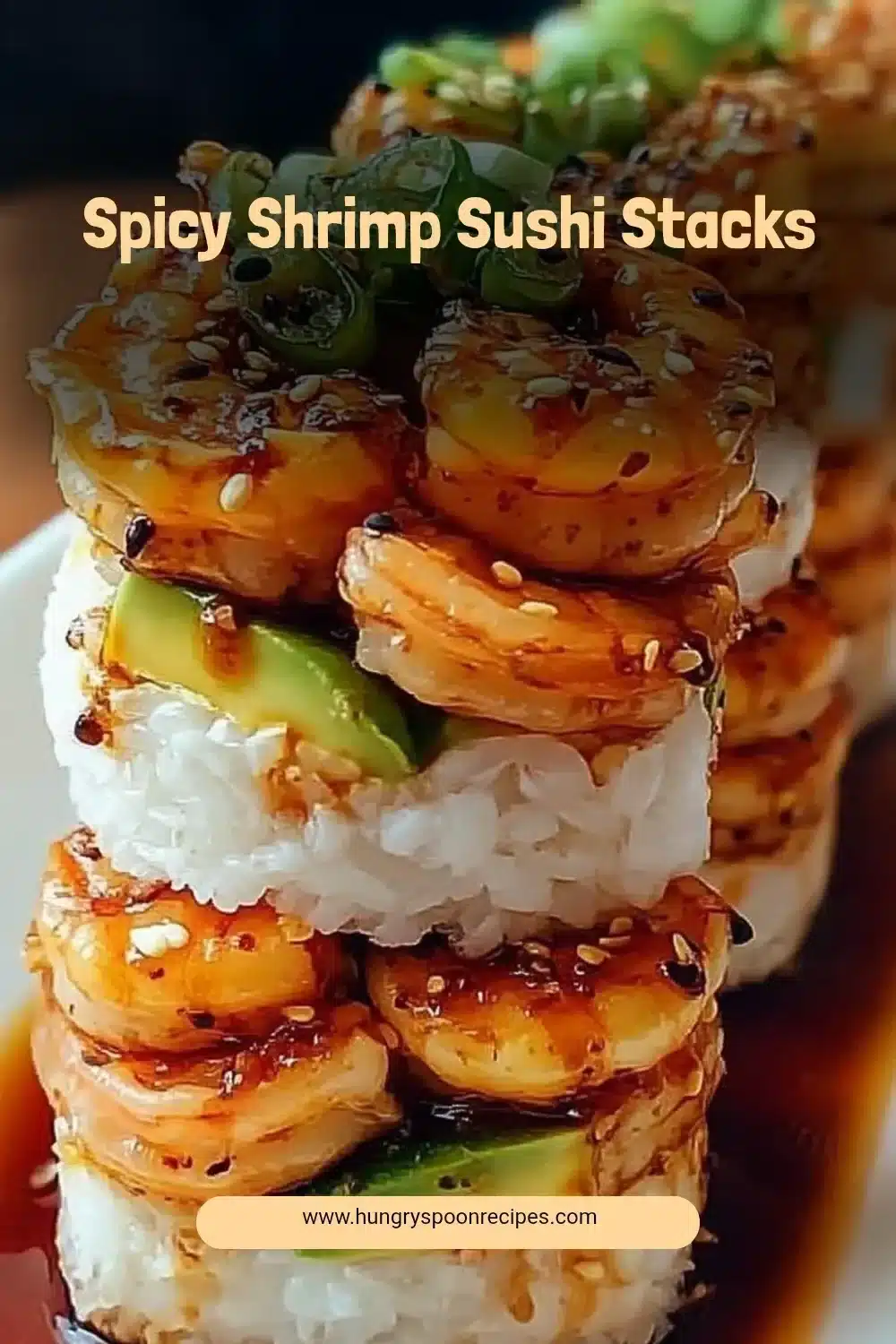 Spicy Shrimp Sushi Stacks 1 Delicious spicy shrimp sushi stacks arranged on a plate.