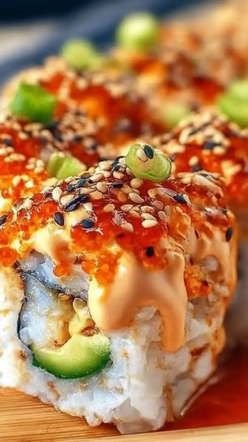 Spicy Volcano Roll on a plate with garnishes for a homemade sushi experience.