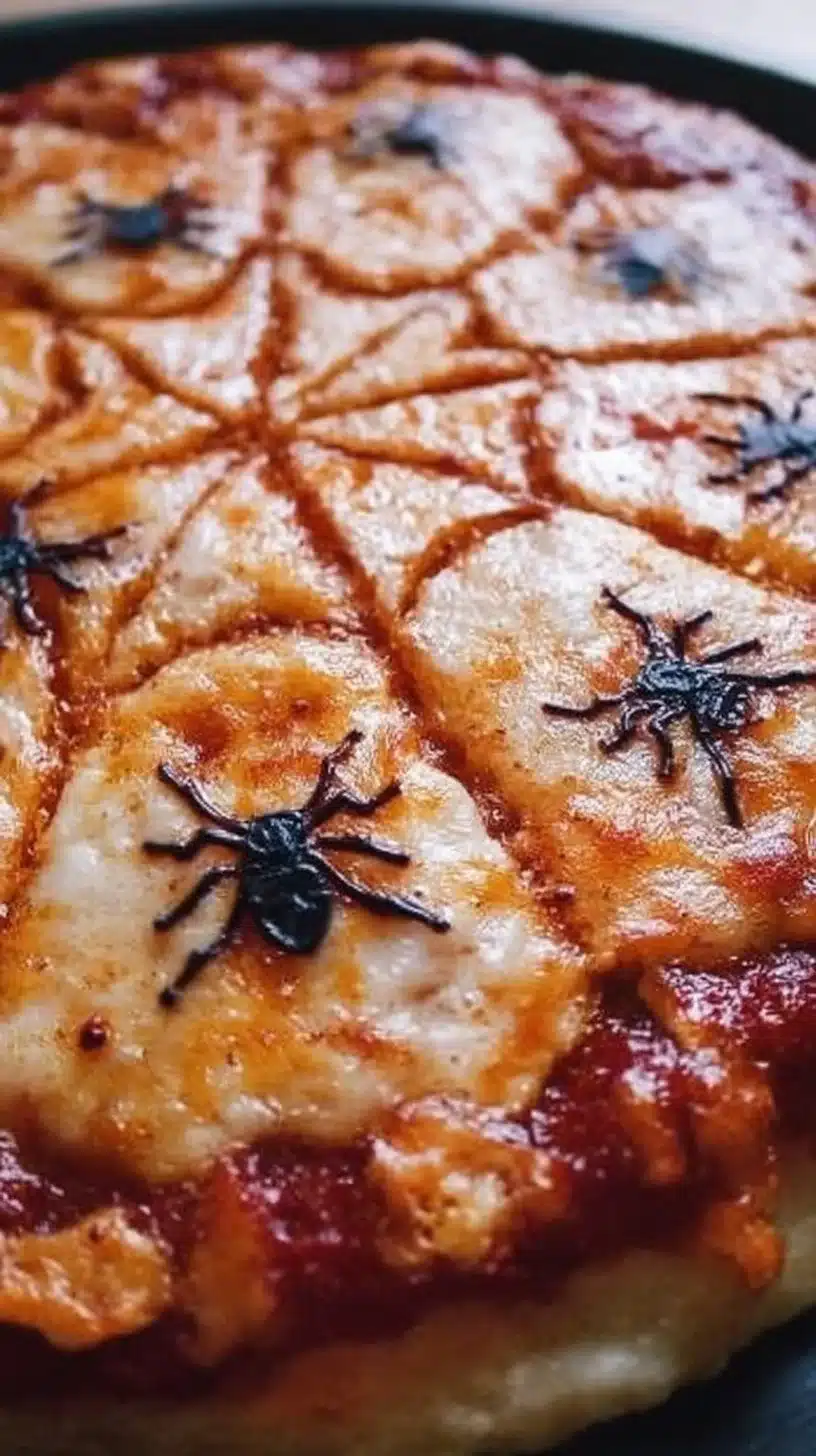 Spider Web Pizza Recipe 1 Delicious Spider Web Pizza topped with cheese and pepperoni in a spider web pattern.