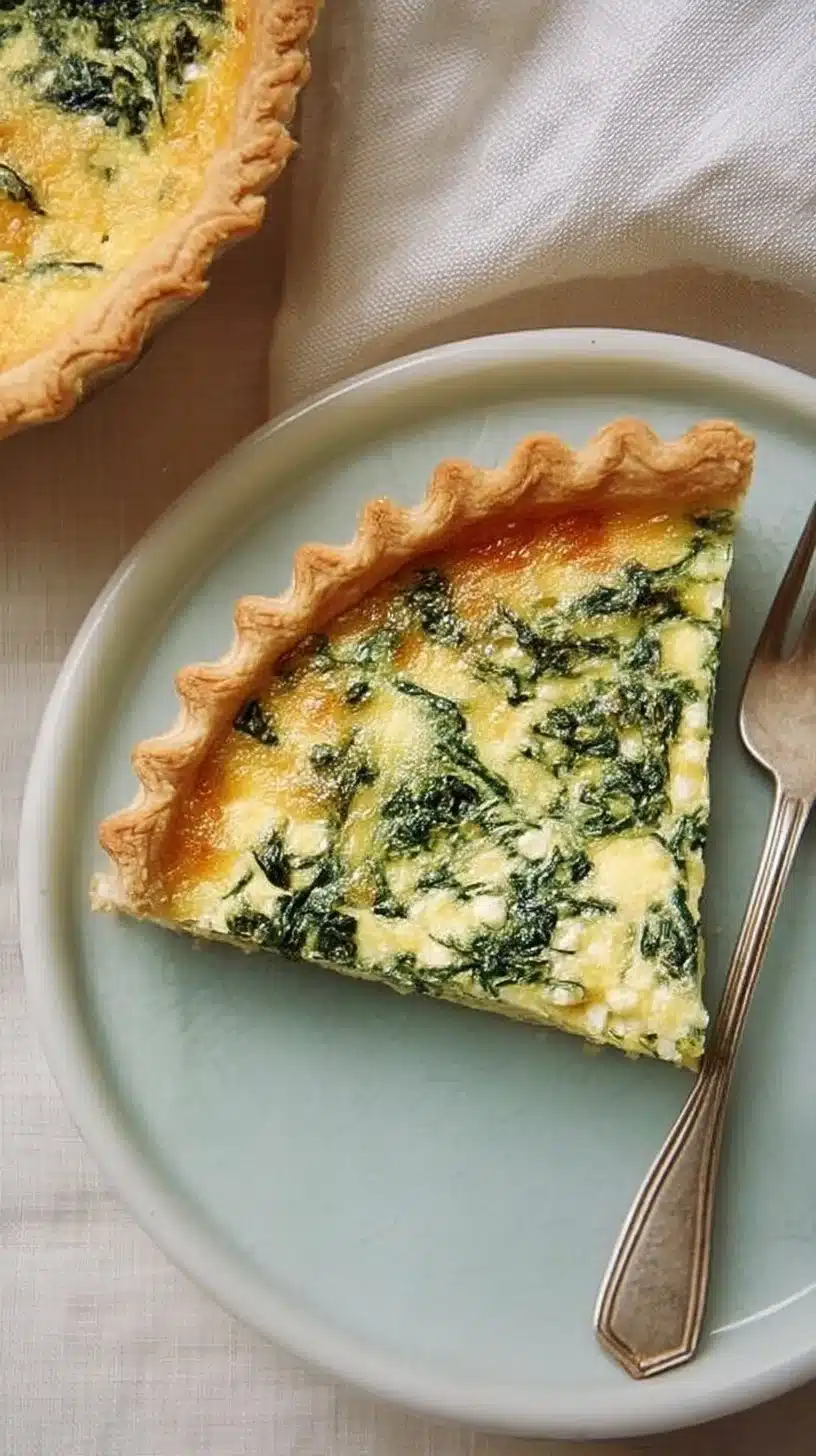 Spinach Quiche 1 Delicious homemade Spinach Quiche served on a white plate