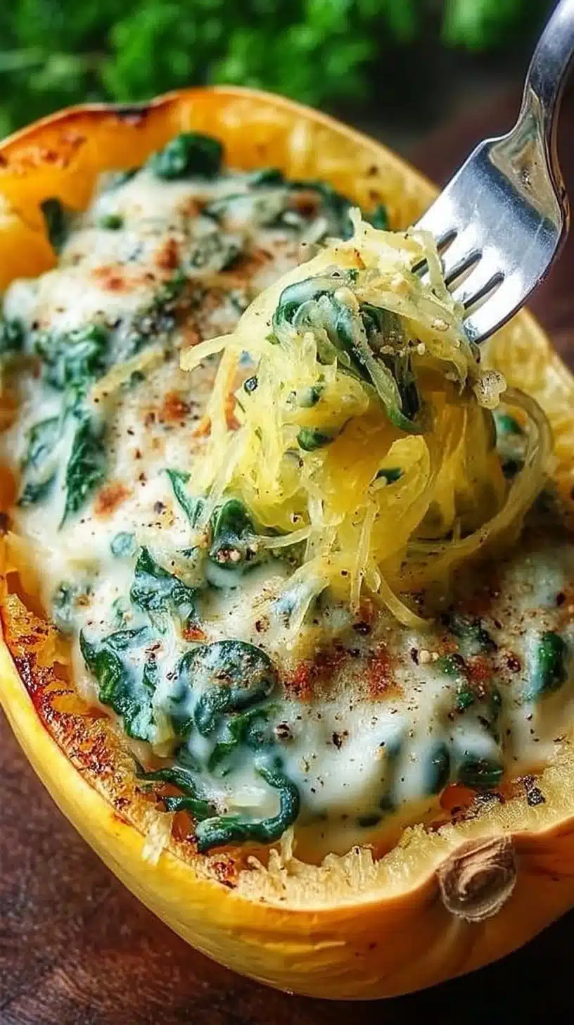 Spinach Stuffed Spaghetti Squash With Parmesan Cream Sauce Delights! 1 Spinach stuffed spaghetti squash topped with creamy parmesan sauce