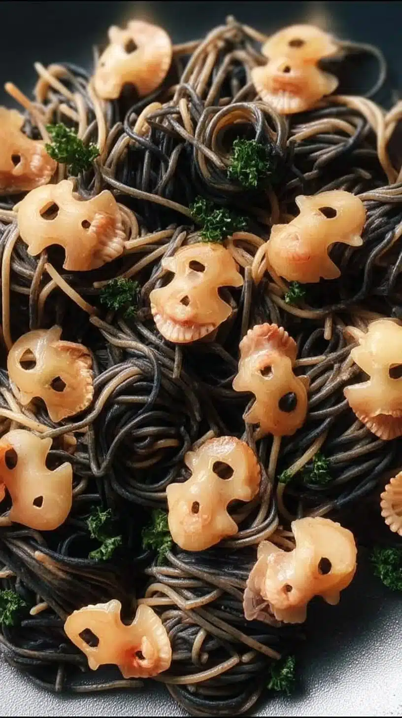 Spooky Pasta 1 A bowl of spooky pasta decorated with creepy edible decorations for Halloween.