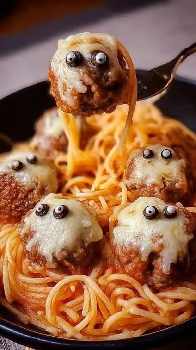 Spooky Spaghetti and Cheese Stuffed Meatballs 1 Spooky spaghetti and cheese stuffed meatballs served on a plate