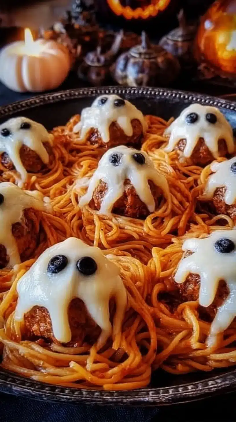 Spooky Spaghetti and Cheese Stuffed Meatballs: The Ultimate Halloween Dinner 1 Spooky spaghetti and cheese stuffed meatballs served for Halloween dinner