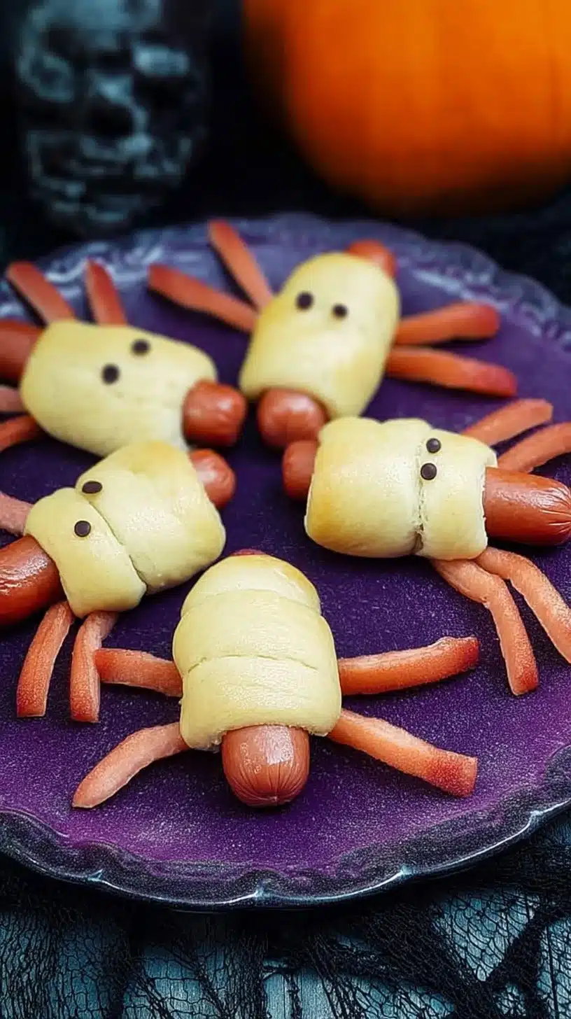 Spooky Spider Halloween Hot Dogs 1 Spooky spider Halloween hot dogs served on a spooky platter