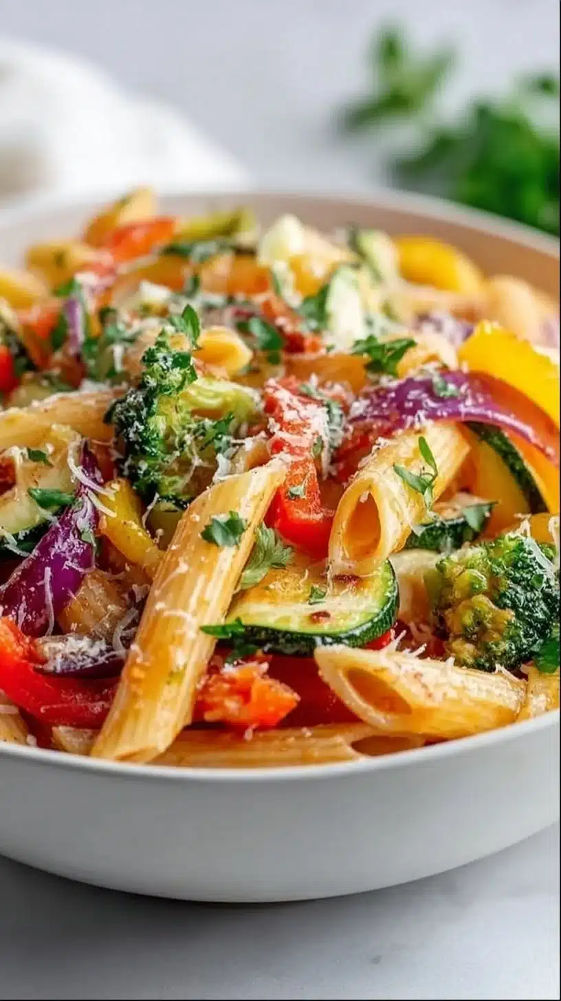 Spring Pasta 1 Plate of colorful spring pasta with fresh vegetables and herbs.