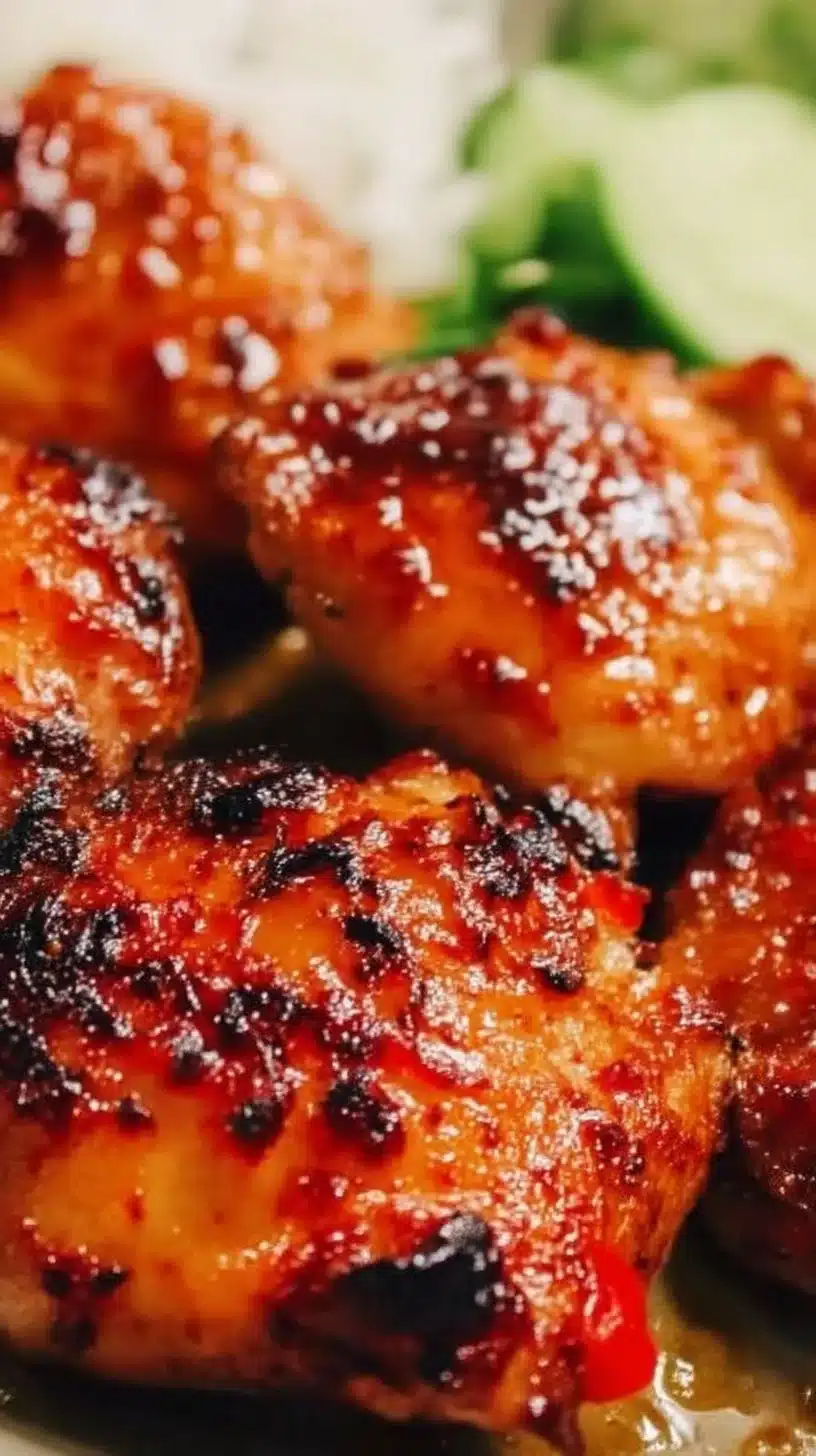 Sticky sweet chili chicken thighs cooked in an air fryer