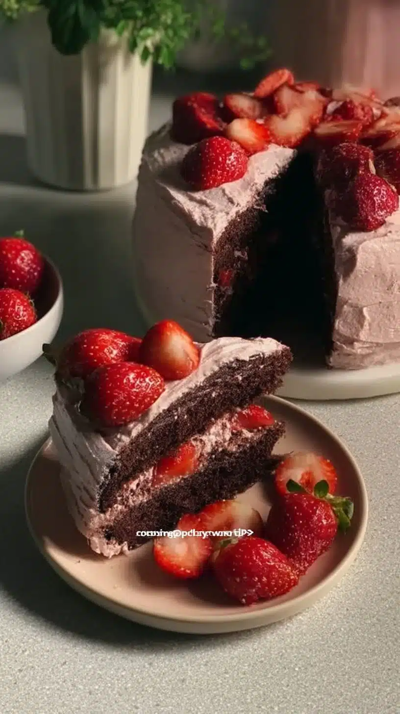 Strawberry Chocolate Cake 1 Delicious Strawberry Chocolate Cake with fresh strawberries and chocolate ganache