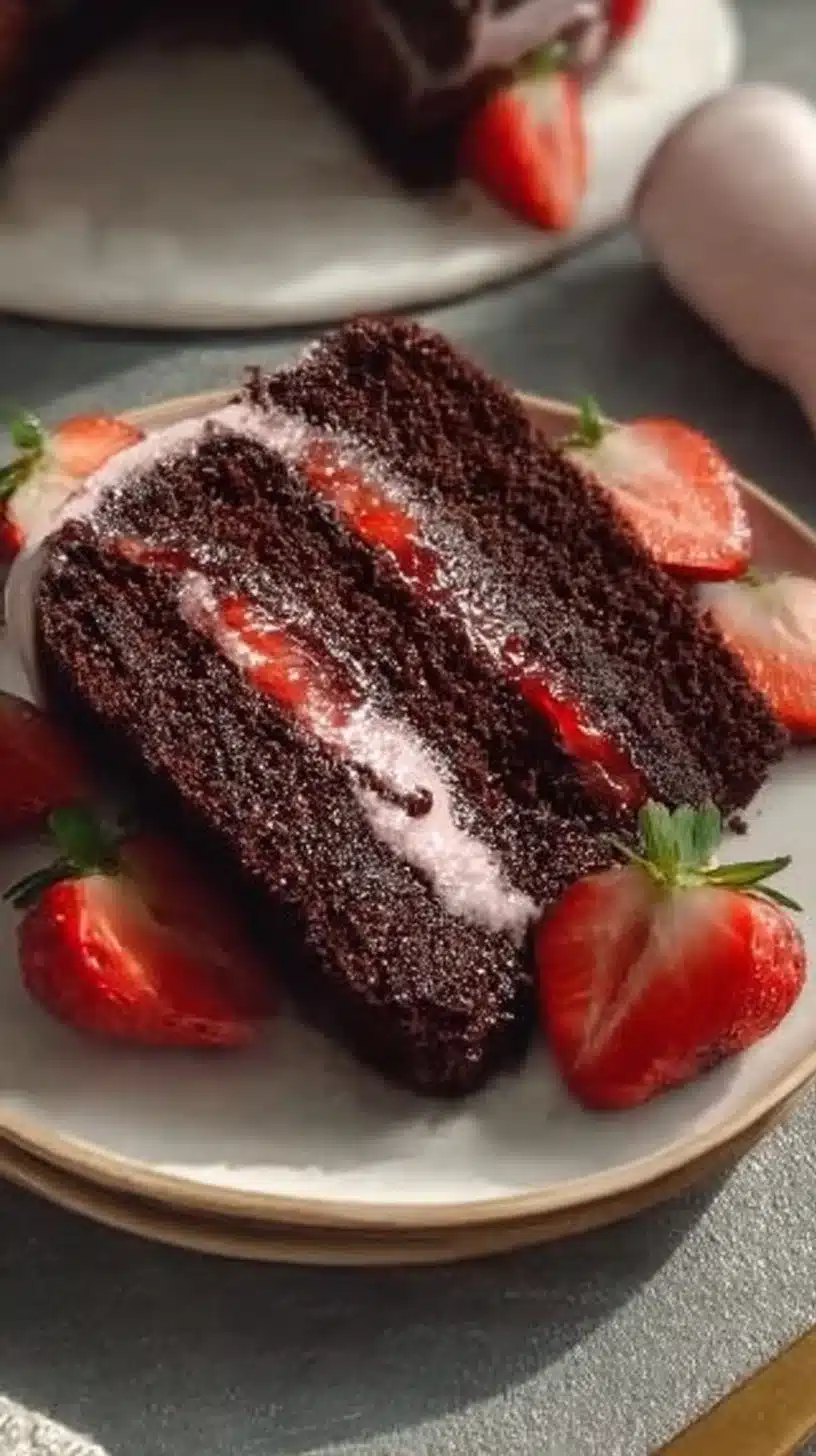 Strawberry Chocolate Cake 1 Deliciously layered Strawberry Chocolate Cake topped with fresh strawberries and chocolate ganache.