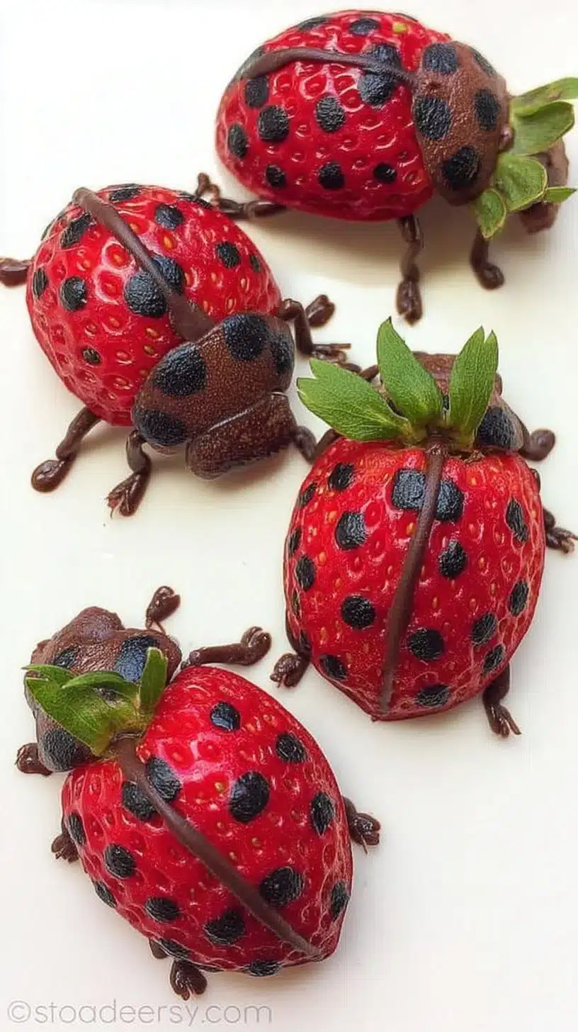 Strawberry Ladybugs 1 Vibrant Strawberry Ladybugs on green leaves, showcasing their unique coloration.
