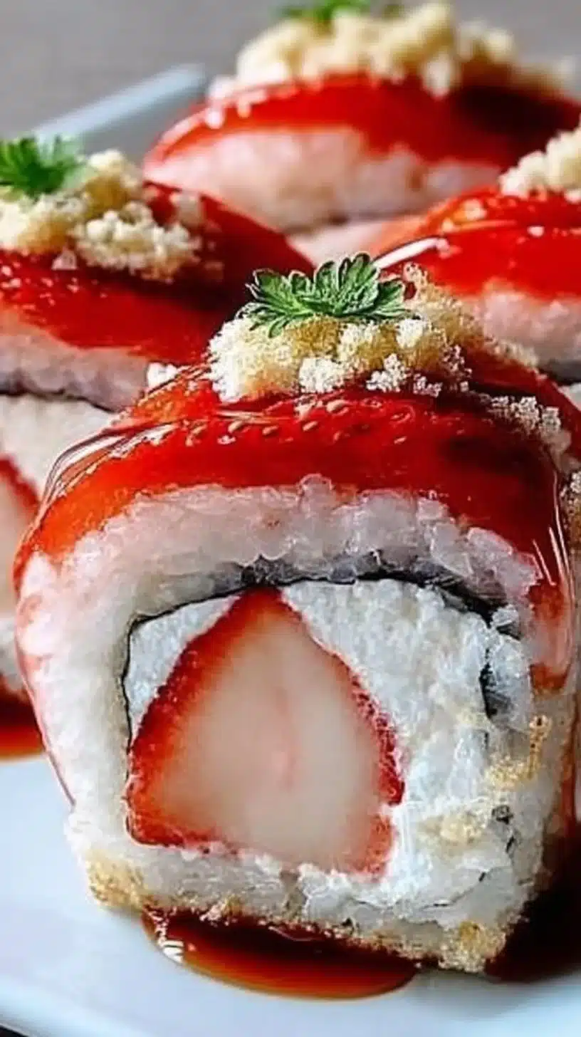 Strawberry Shortcake Sushi Roll 1 Strawberry Shortcake Sushi Roll featuring fresh strawberries and cream.