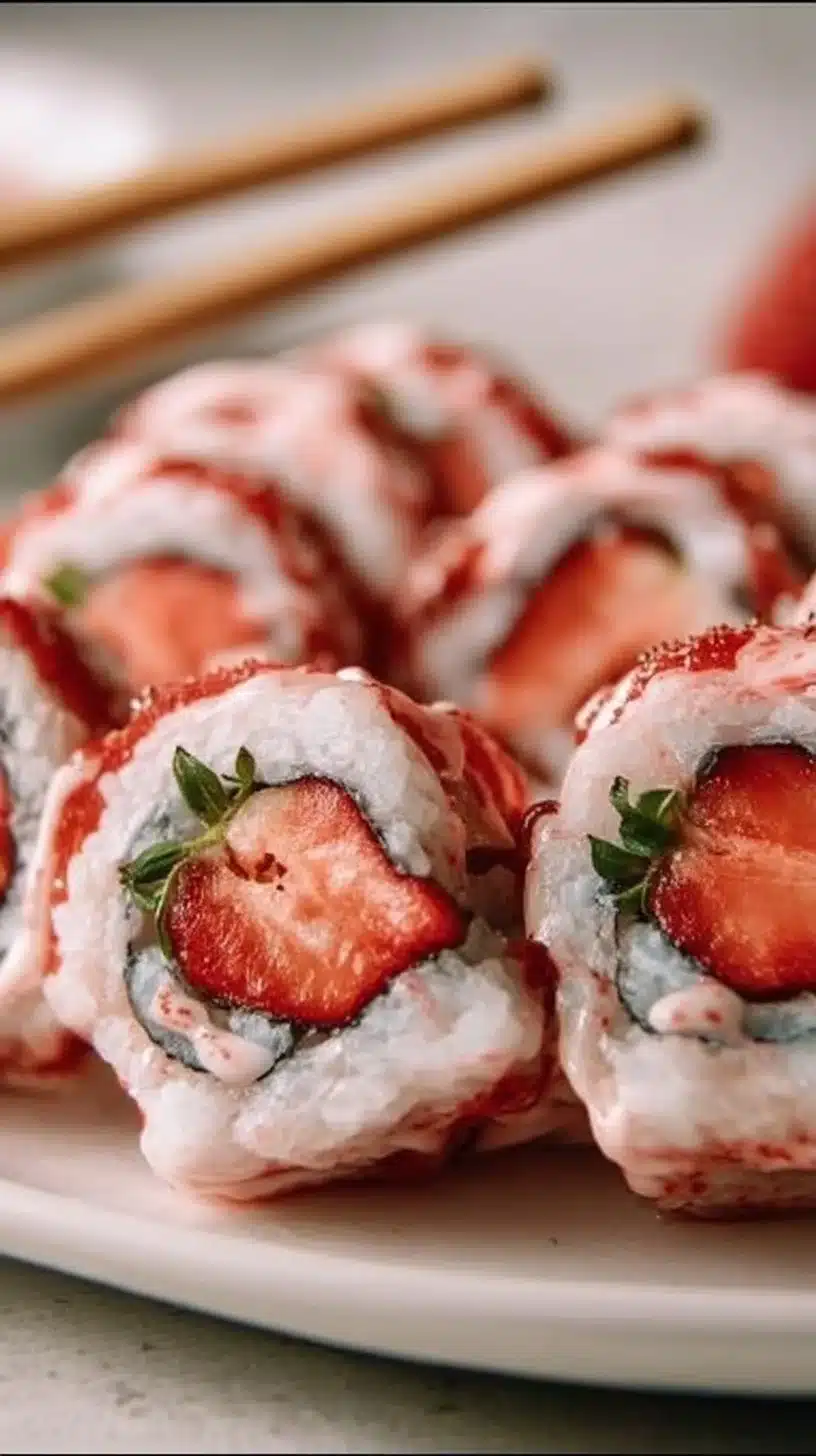Strawberry Sushi Rolls 1 Delicious Strawberry Sushi Rolls with fresh strawberries and sushi rice