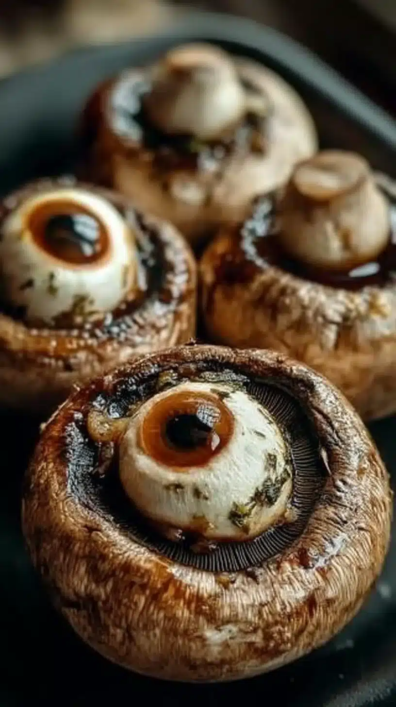 Stuffed Mushroom Eyeballs 1 Stuffed mushroom eyeballs recipe for Halloween party appetizers