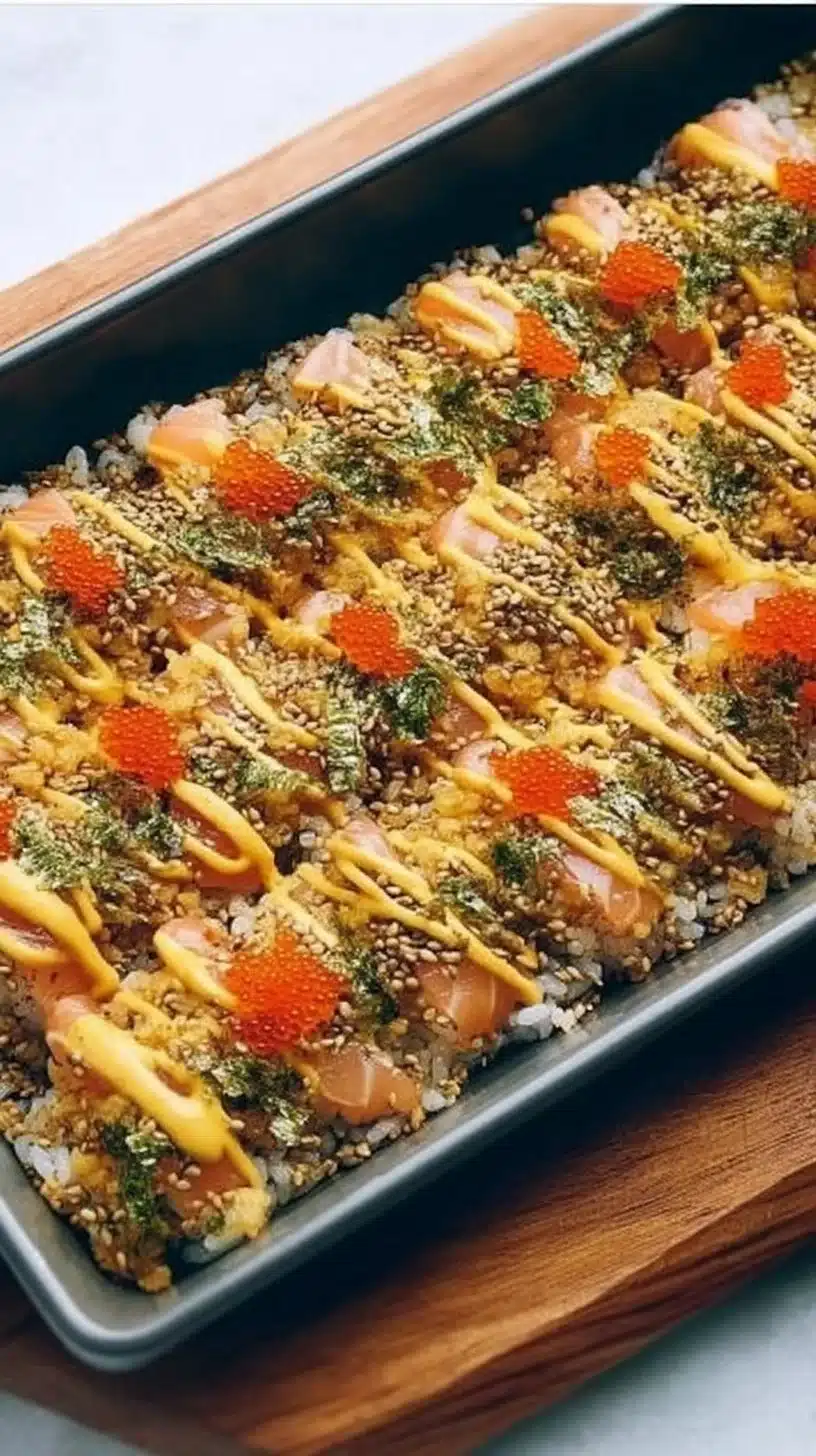 Sushi Bake 1 Delicious homemade sushi bake dish served in a baking dish.