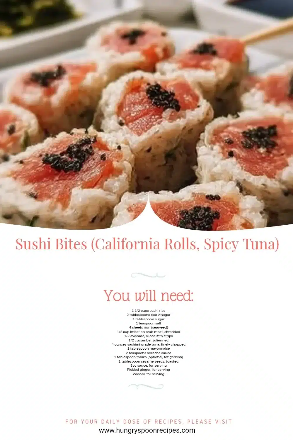 Sushi Bites (California Rolls, Spicy Tuna) 1 Delicious sushi bites including California rolls and spicy tuna on a plate.