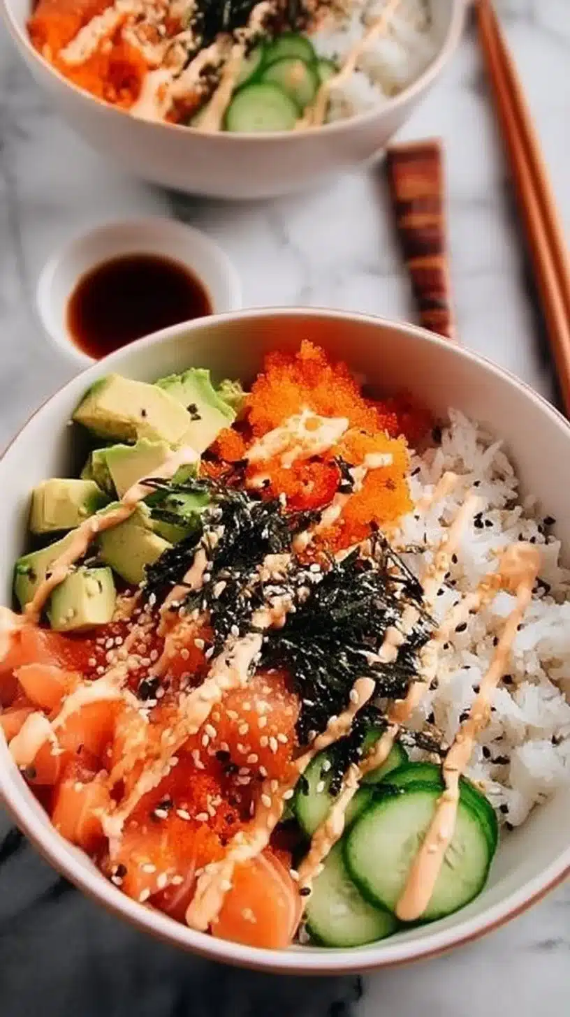 Sushi Bowl Recipe 1 Colorful and fresh sushi bowl with vegetables and fish