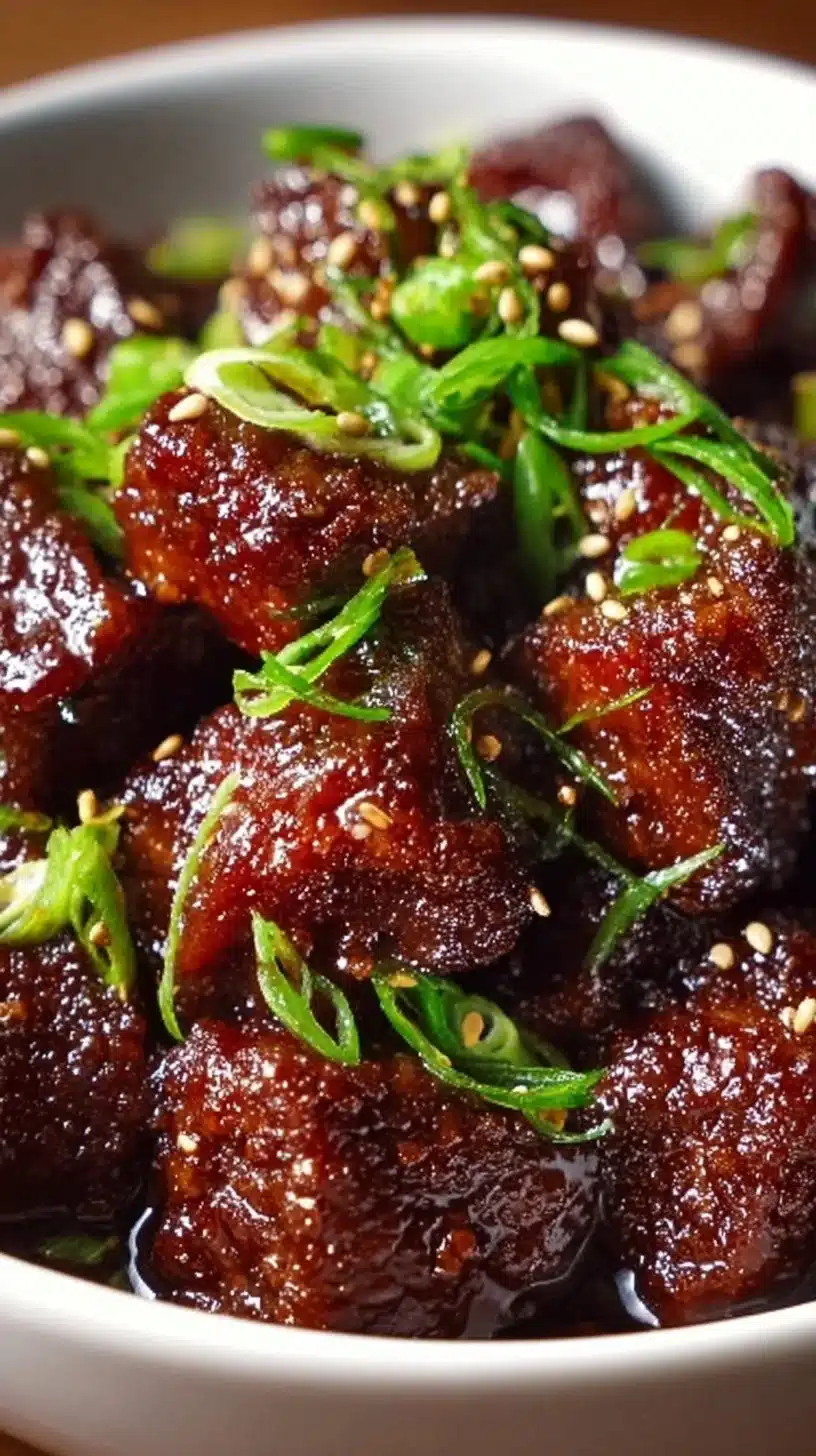 Sweet and Sticky Steak Bites 1 Delicious sweet and sticky steak bites served on a plate.