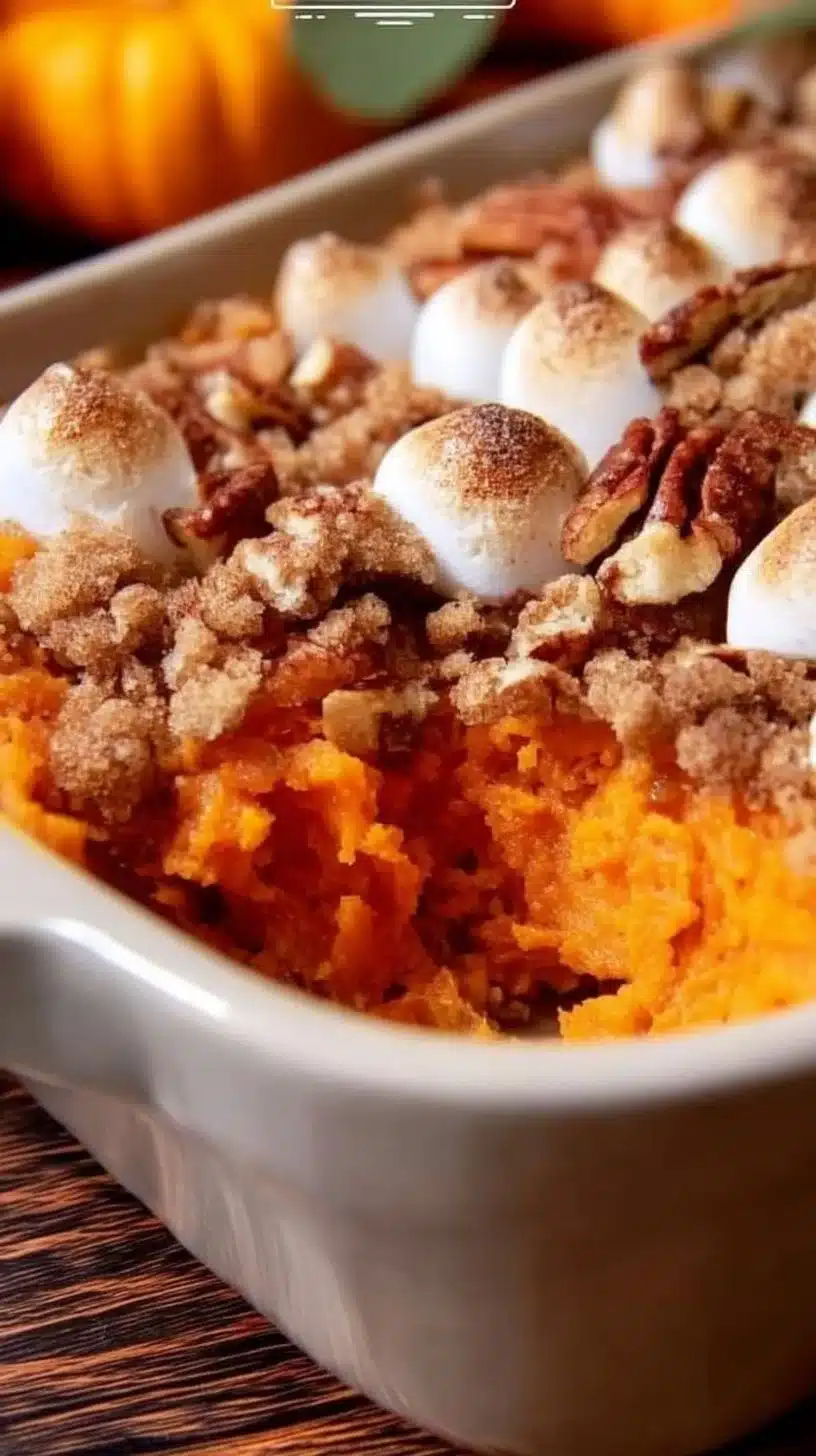 Sweet Potato Casserole 1 Delicious Sweet Potato Casserole topped with crunchy pecans and marshmallows