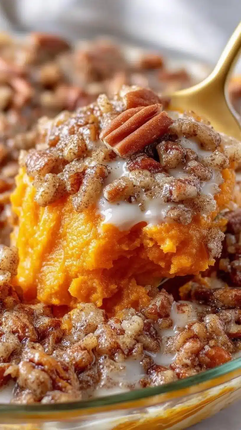 Sweet Potato Casserole with Pecan Topping 1 Sweet potato casserole with a crunchy pecan topping, perfect for holiday meals.