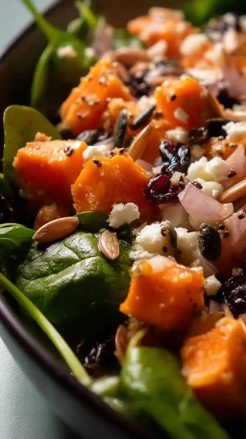 Sweet Potato Salad Recipe 1 Colorful sweet potato salad with veggies and dressing in a bowl