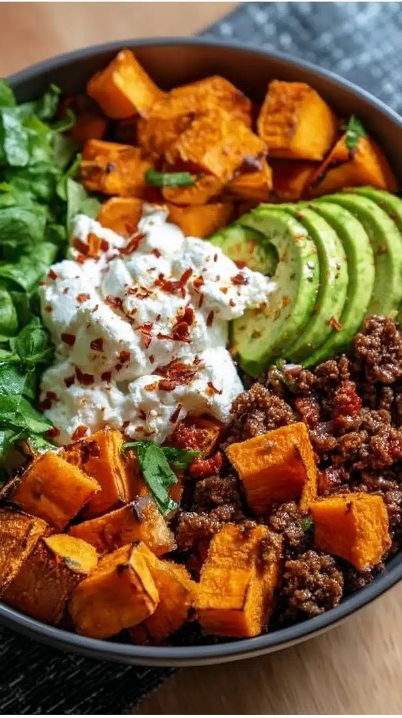 Sweet Potato Taco Bowl 1 Colorful sweet potato taco bowl with fresh toppings and ingredients