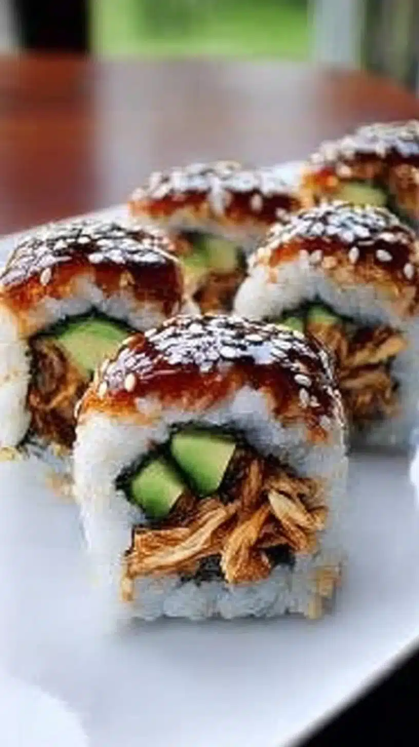 Teriyaki Chicken Sushi Rolls 1 Delicious teriyaki chicken sushi rolls garnished with sesame seeds.