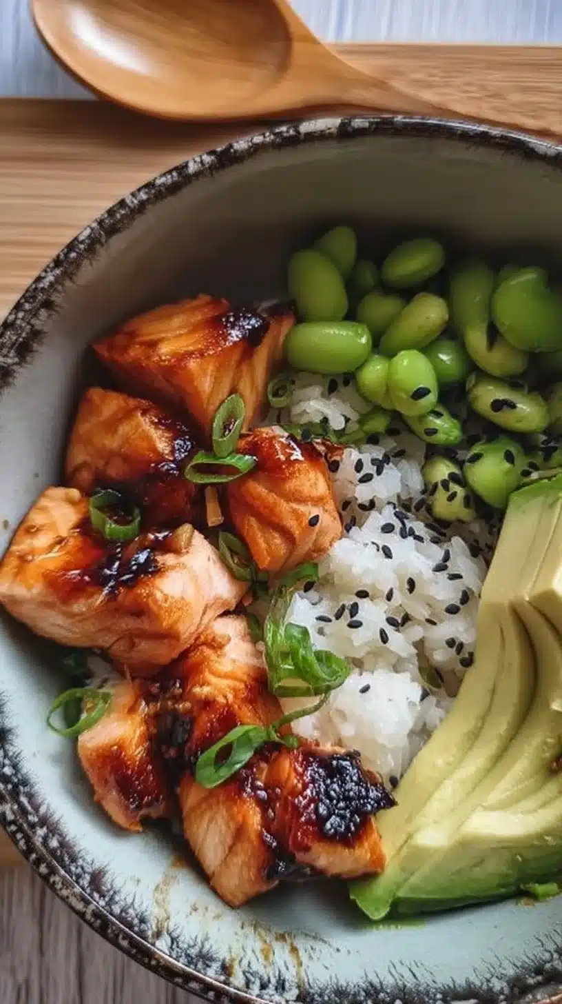 Teriyaki Salmon Sushi Bowl 1 Teriyaki salmon sushi bowl topped with fresh ingredients and garnishes