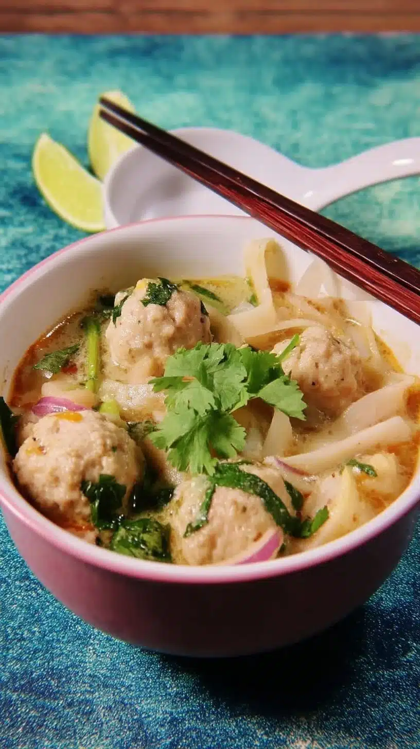 Thai Chicken Meatball Noodle Soup 1 Delicious bowl of Thai Chicken Meatball Noodle Soup garnished with herbs.