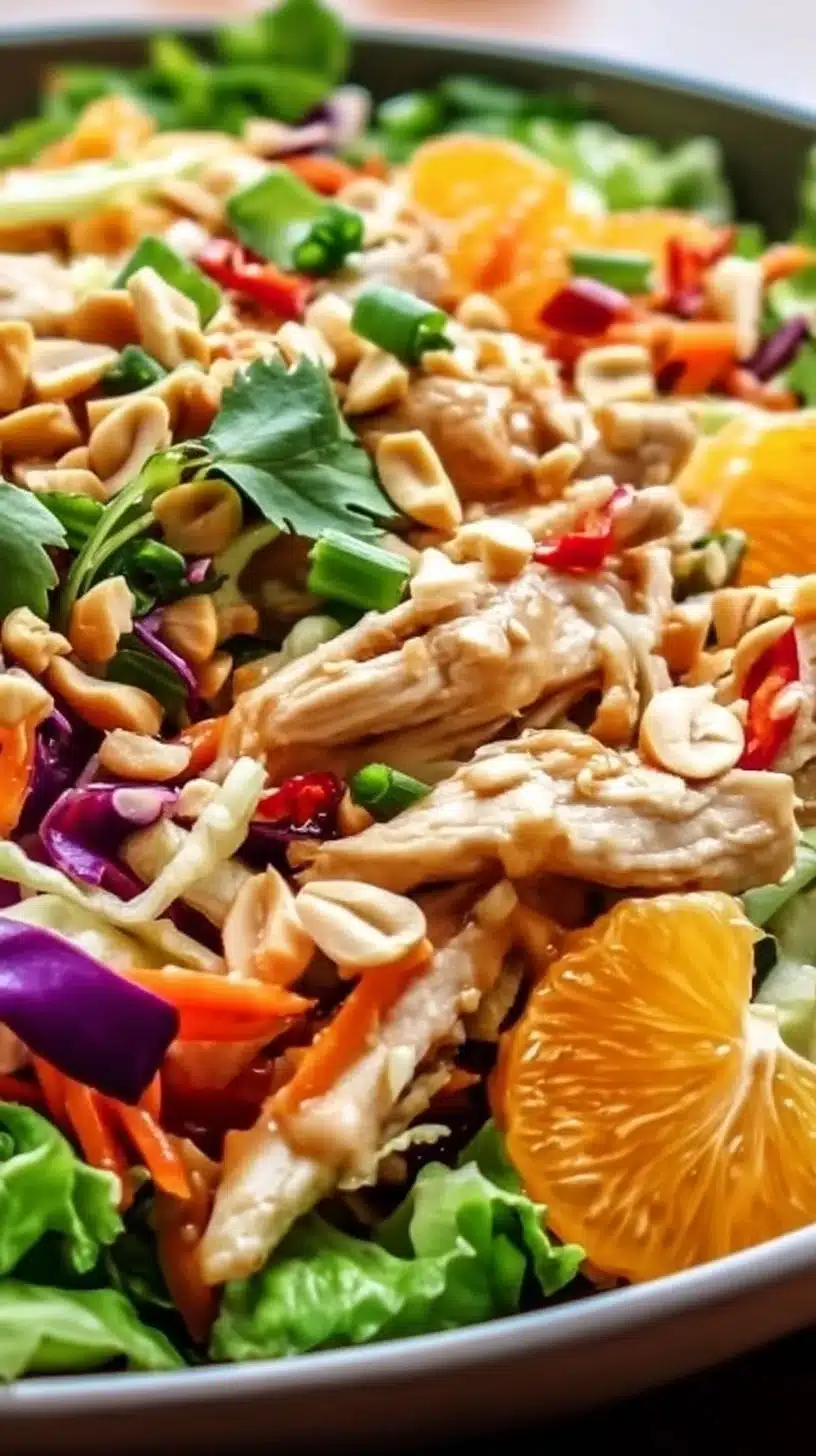 Thai Chicken Salad with Homemade Peanut Dressing 1 Thai Chicken Salad with Homemade Peanut Dressing served in a bowl.