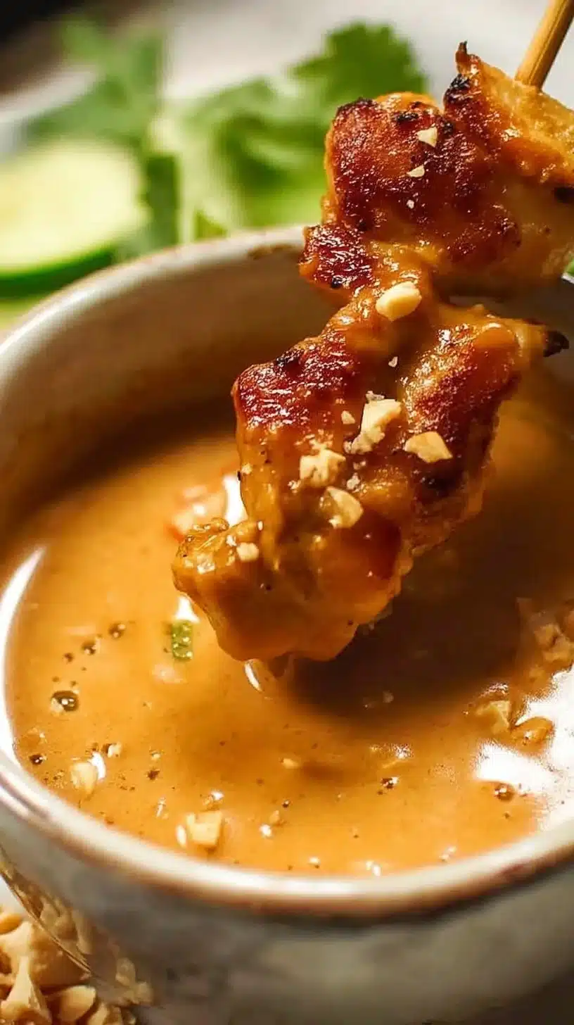 Thai Chicken Satay with Peanut Sauce 1 Plate of Thai Chicken Satay skewers with peanut sauce for dipping